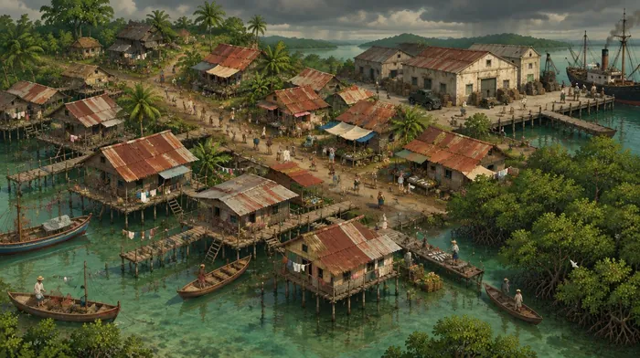 Year one: a stilt-house kampong on the lagoon at dawn