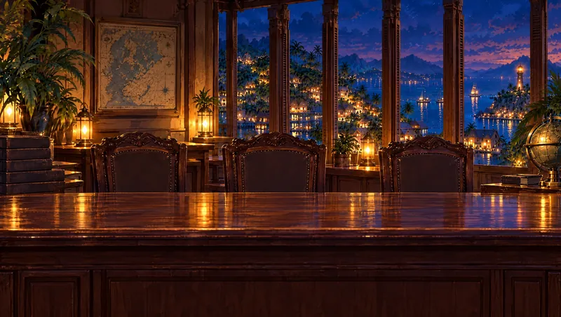The council chamber at night, lamps lit over the harbour
