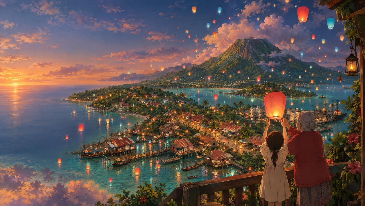 A girl and her grandmother watch sky lanterns rise over the island on Lantern Night
