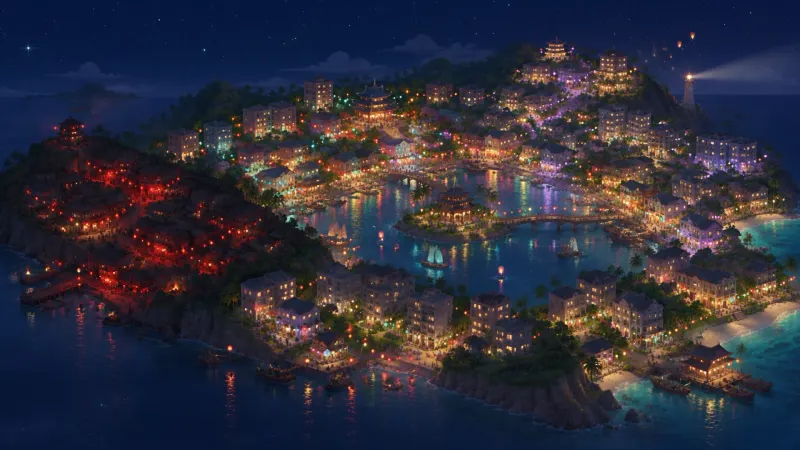 Lantara at night: lights strung across the hills and the lagoon