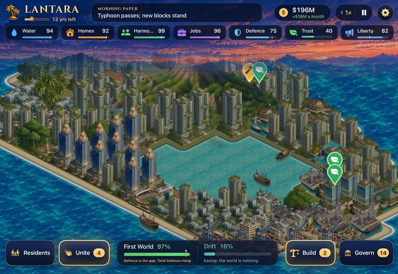 The game screen: meters along the top, First World and Drift along the bottom